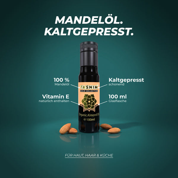 Mandelöl: 100 % Mandelöl, kaltgepresst, mit natürlich enthaltenem Vitamin E, 100 ml Glasflasche – für Haut, Haar und Küche