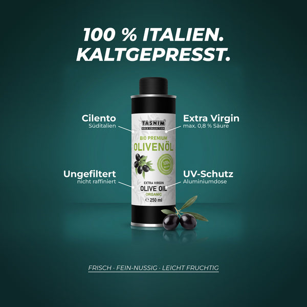 100 % Italien, kaltgepresst: Oliven aus dem Cilento in Süditalien, Extra Virgin mit max. 0,8 % Säure, ungefiltert und nicht raffiniert, in der UV-Schutz-Aluminiumdose