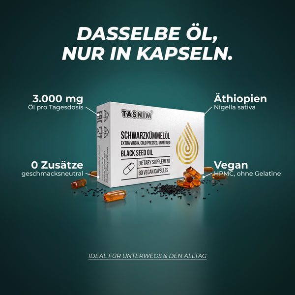 Dasselbe Öl, nur in Kapseln: 3.000 mg Öl pro Tagesdosis, Nigella sativa aus Äthiopien, 0 Zusätze, vegan ohne Gelatine