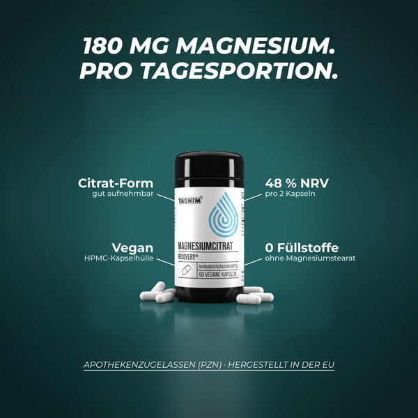 180 mg Magnesium pro Tagesportion: Citrat-Form, 48 % NRV pro 2 Kapseln, vegane HPMC-Hülle, ohne Füllstoffe und Magnesiumstearat