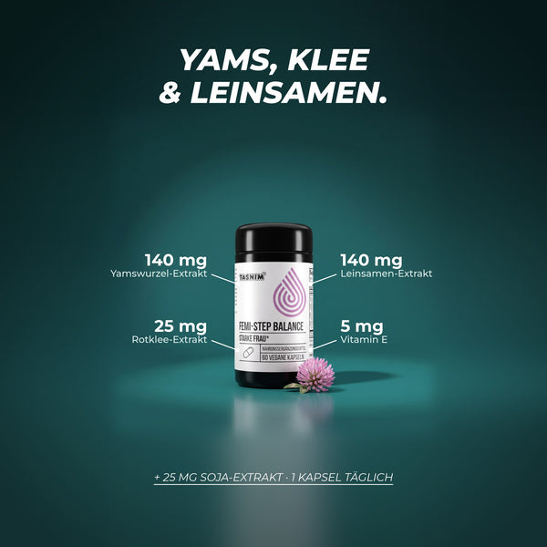 Pro Kapsel: 140 mg Yamswurzel-Extrakt, 140 mg Leinsamen-Extrakt, 25 mg Rotklee-Extrakt, 25 mg Soja-Extrakt und 5 mg Vitamin E – 1 Kapsel täglich
