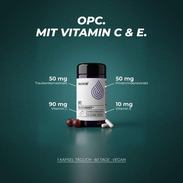 OPC mit Vitamin C und E: 50 mg Traubenkernextrakt, 50 mg Pinienrindenextrakt, 90 mg Vitamin C und 10 mg Vitamin E pro Kapsel, 1 Kapsel täglich, 60 Tage, vegan