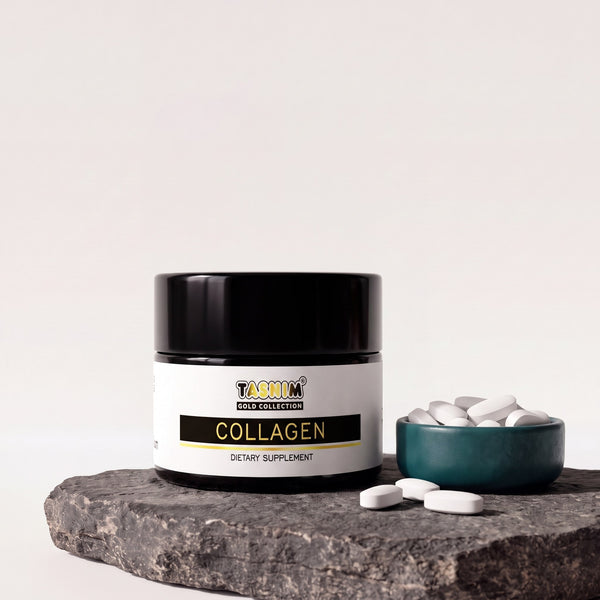 Tasnim Gold Collection Collagen, Dose mit 60 Tabletten auf dunkler Steinplatte, daneben eine Petrol-Schale mit weißen Tabletten
