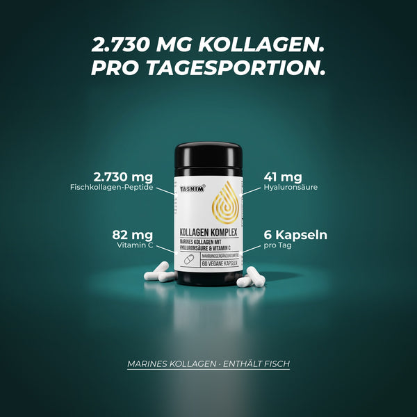 2.730 mg Kollagen pro Tagesportion: Fischkollagen-Peptide, 41 mg Hyaluronsäure und 82 mg Vitamin C in 6 Kapseln – marines Kollagen, enthält Fisch