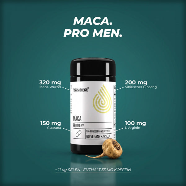 Maca Pro Men pro Tagesportion: 320 mg Maca-Wurzel, 200 mg Sibirischer Ginseng, 150 mg Guarana, 100 mg L-Arginin und 11 µg Selen – enthält 33 mg Koffein