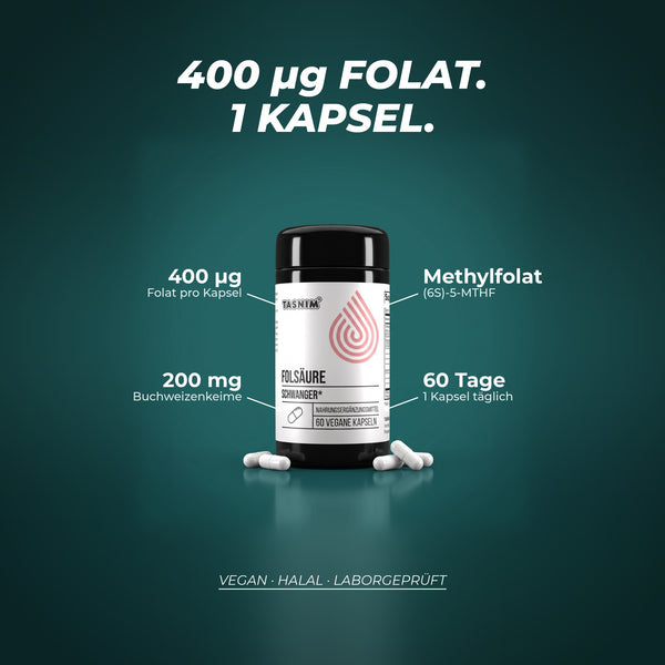 400 µg Folat pro Kapsel als Methylfolat (6S)-5-MTHF, mit 200 mg Buchweizenkeimpulver, 1 Kapsel täglich reicht 60 Tage – vegan, halal, laborgeprüft
