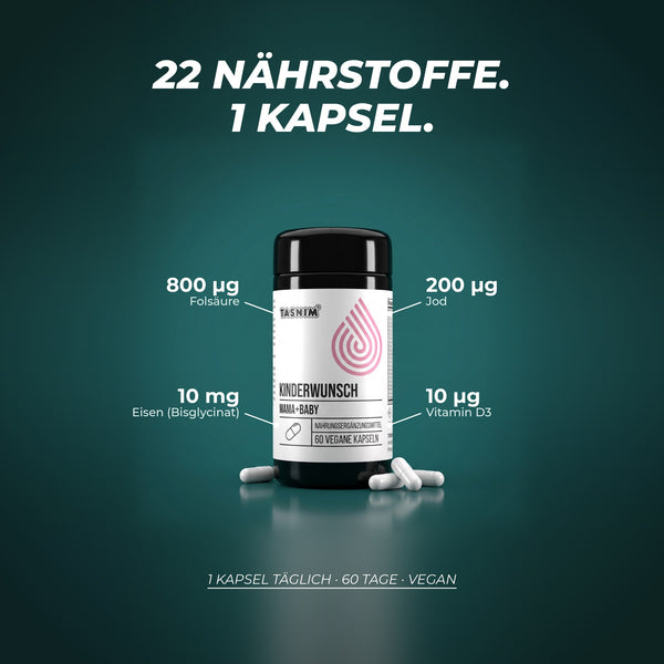 22 Nährstoffe in einer Kapsel: 800 µg Folsäure, 200 µg Jod, 10 mg Eisen als Bisglycinat und 10 µg Vitamin D3 – 1 Kapsel täglich, 60 Tage, vegan