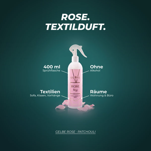 Textilerfrischer Rose: 400-ml-Sprühflasche, ohne Alkohol, für Textilien und Räume – Duftnoten: Gelbe Rose · Patchouli