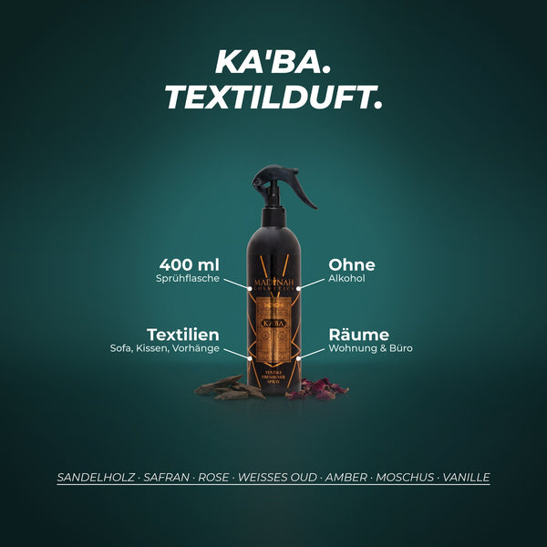 Textilerfrischer Ka'ba: 400-ml-Sprühflasche, ohne Alkohol, für Textilien und Räume – Duftnoten: Sandelholz · Safran · Rose · weißes Oud · Amber · Moschus · Vanille