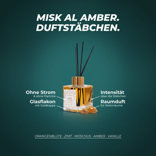 Duftstäbchen Misk Al Amber: ohne Strom und ohne Flamme, Intensität über die Anzahl der Stäbchen, Glasflakon mit Goldkappe – Duftnoten: Orangenblüte · Zimt · Moschus · Amber · Vanille
