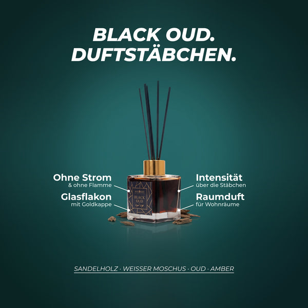 Duftstäbchen Black Oud: ohne Strom und ohne Flamme, Intensität über die Anzahl der Stäbchen, Glasflakon mit Goldkappe – Duftnoten: Sandelholz · weißer Moschus · Oud · Amber