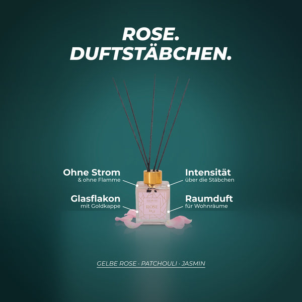 Duftstäbchen Rose: ohne Strom und ohne Flamme, Intensität über die Anzahl der Stäbchen, Glasflakon mit Goldkappe – Duftnoten: Gelbe Rose · Patchouli · Jasmin