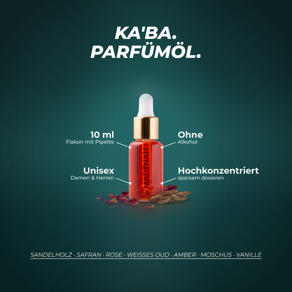 Ka'ba Parfümöl: 10 ml im Flakon mit Pipette, ohne Alkohol, unisex, hochkonzentriert – Duftnoten: Sandelholz · Safran · Rose · weißes Oud · Amber · Moschus · Vanille
