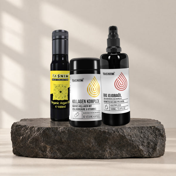 Beauty Inside & Out Set: Bio-Arganöl, Kollagen-Kapseln und Bio-Jojobaöl auf Basaltstein