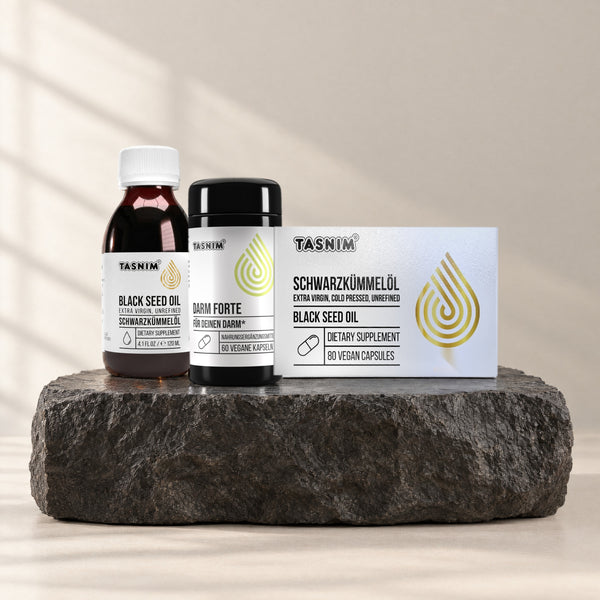 Darm Routine Set: äthiopisches Schwarzkümmelöl 120 ml, Darm Forte und Schwarzkümmelöl-Kapseln auf Basaltstein