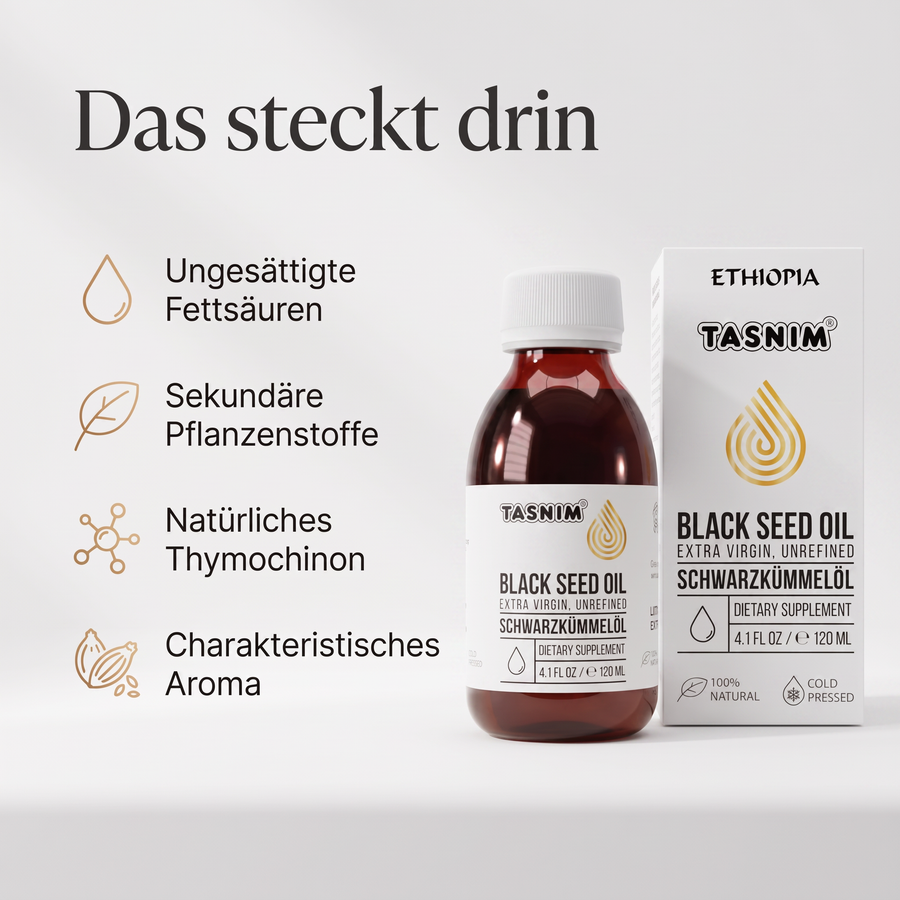 Das steckt drin: ungesättigte Fettsäuren, sekundäre Pflanzenstoffe, natürliches Thymochinon und charakteristisches Aroma im Tasnim Schwarzkümmelöl