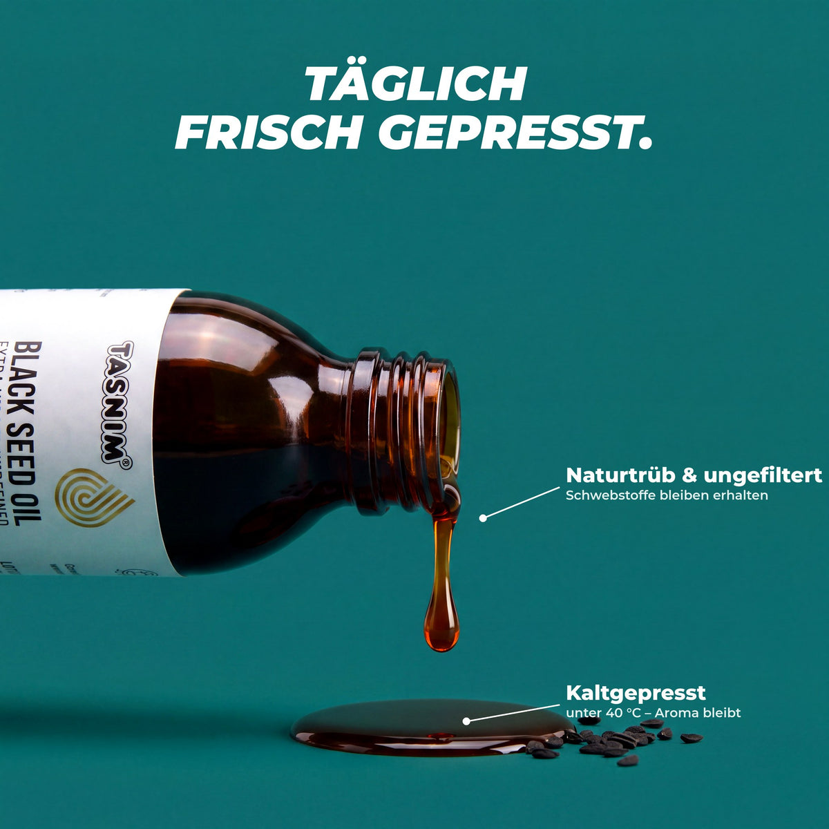 Makroaufnahme: ungefiltertes, naturtrübes Schwarzkümmelöl