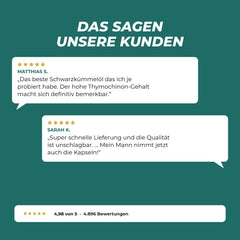 Das sagen unsere Kunden: zwei Bewertungen mit fünf Sternen zum Tasnim Schwarzkümmelöl, 4,98 von 5 aus 4.896 Bewertungen