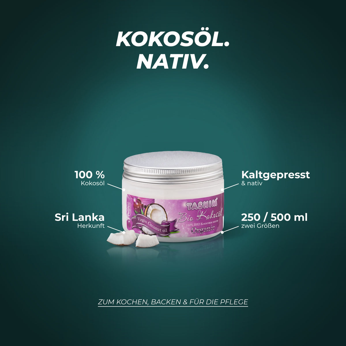 Kokosöl: 100 % Kokosöl, kaltgepresst und nativ, Herkunft Sri Lanka, in 250 ml und 500 ml – zum Kochen, Backen und für die Pflege