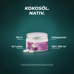 Kokosöl: 100 % Kokosöl, kaltgepresst und nativ, Herkunft Sri Lanka, in 250 ml und 500 ml – zum Kochen, Backen und für die Pflege
