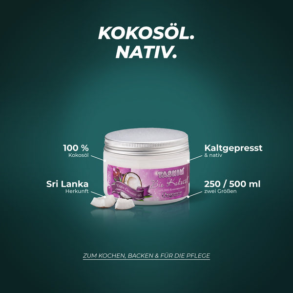 Kokosöl: 100 % Kokosöl, kaltgepresst und nativ, Herkunft Sri Lanka, in 250 ml und 500 ml – zum Kochen, Backen und für die Pflege