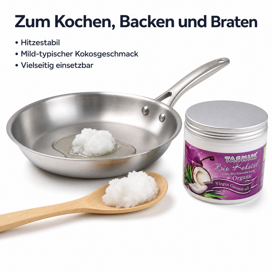 Anwendung in der Küche: Edelstahlpfanne mit schmelzendem Kokosöl, Holzlöffel mit festem Kokosöl und das Glas Bio Kokosöl Tasnim. Text: Zum Kochen, Backen und Braten – hitzestabil, mild-typischer Kokosgeschmack, vielseitig einsetzbar.