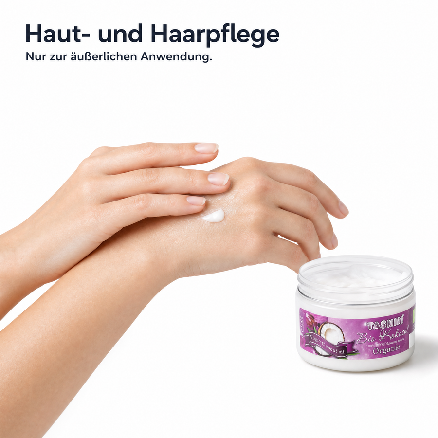 Anwendung als Pflegeöl: zwei Hände verteilen etwas weißes Kokosöl auf dem Handrücken, daneben das offene Glas Bio Kokosöl Tasnim. Text: Haut- und Haarpflege – nur zur äußerlichen Anwendung.