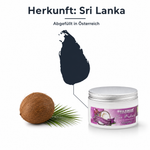 Herkunftsgrafik: dunkle Silhouette der Insel Sri Lanka, darunter eine ganze Kokosnuss mit Palmblatt und das Glas Bio Kokosöl Tasnim. Text: Herkunft Sri Lanka – abgefüllt in Österreich.