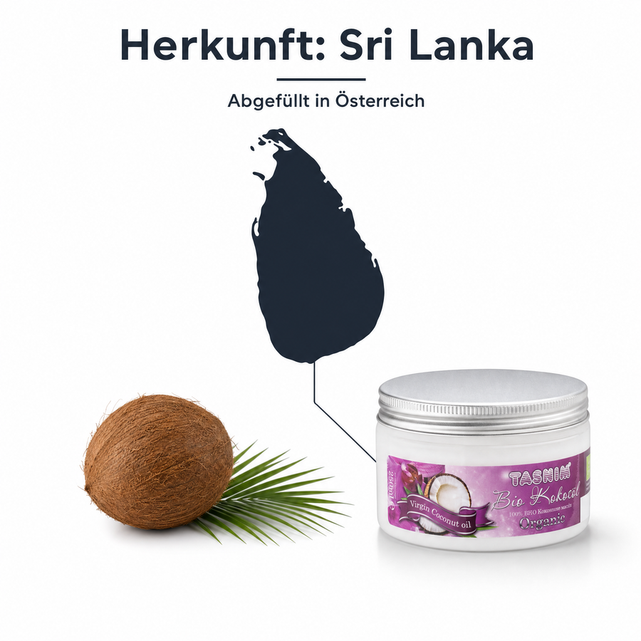 Herkunftsgrafik: dunkle Silhouette der Insel Sri Lanka, darunter eine ganze Kokosnuss mit Palmblatt und das Glas Bio Kokosöl Tasnim. Text: Herkunft Sri Lanka – abgefüllt in Österreich.