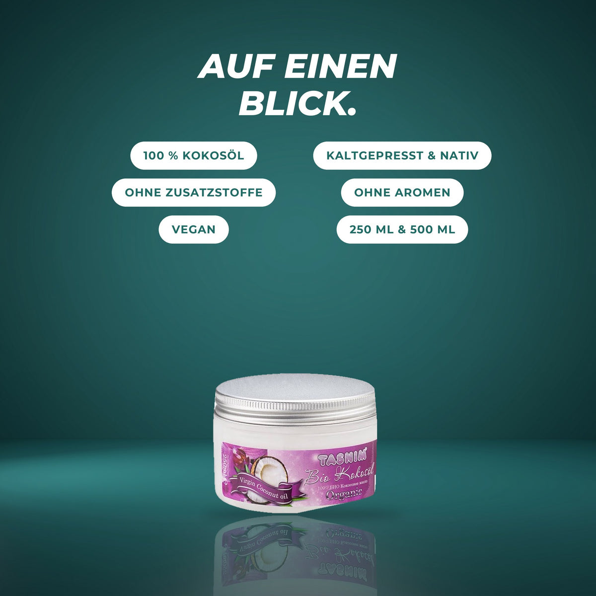 Auf einen Blick: 100 % Kokosöl, kaltgepresst und nativ, ohne Zusatzstoffe und Aromen, vegan, in 250 ml und 500 ml