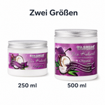 Größenvergleich Bio Kokosöl Tasnim: das kleinere 250-ml-Glas neben dem größeren 500-ml-Glas auf weißem Hintergrund. Text: Zwei Größen – 250 ml und 500 ml.