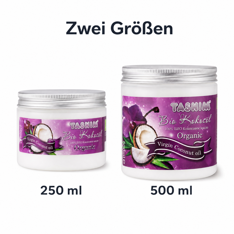 Größenvergleich Bio Kokosöl Tasnim: das kleinere 250-ml-Glas neben dem größeren 500-ml-Glas auf weißem Hintergrund. Text: Zwei Größen – 250 ml und 500 ml.
