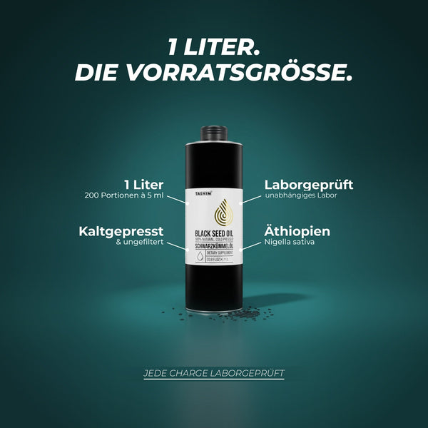 1 Liter, die Vorratsgröße: 200 Portionen à 5 ml, laborgeprüft durch ein unabhängiges Labor, kaltgepresst und ungefiltert, Nigella sativa aus Äthiopien