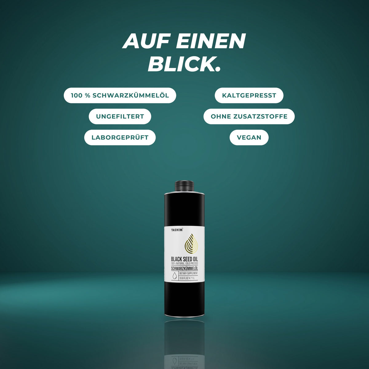 Auf einen Blick: 100 % Schwarzkümmelöl, kaltgepresst, ungefiltert, ohne Zusatzstoffe, laborgeprüft, vegan