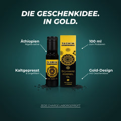 Die Geschenkidee in Gold: Nigella sativa aus Äthiopien, 100 ml zum Probieren, kaltgepresst und ungefiltert, Gold-Design mit Geschenkbox