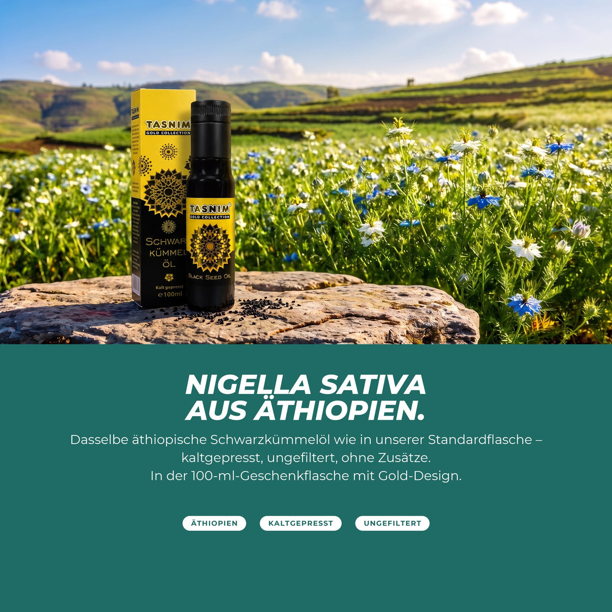 Nigella sativa aus Äthiopien: Gold-Collection-Flasche vor einem Schwarzkümmelfeld im äthiopischen Hochland