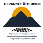 Herkunft Äthiopien: Nigella sativa aus sonnigen Höhenlagen, kaltgepresst und ungefiltert