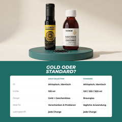Gold oder Standard: identisches äthiopisches Öl, Gold Collection 100 ml mit Geschenkbox, Standard 120 bis 500 ml im Braunglas