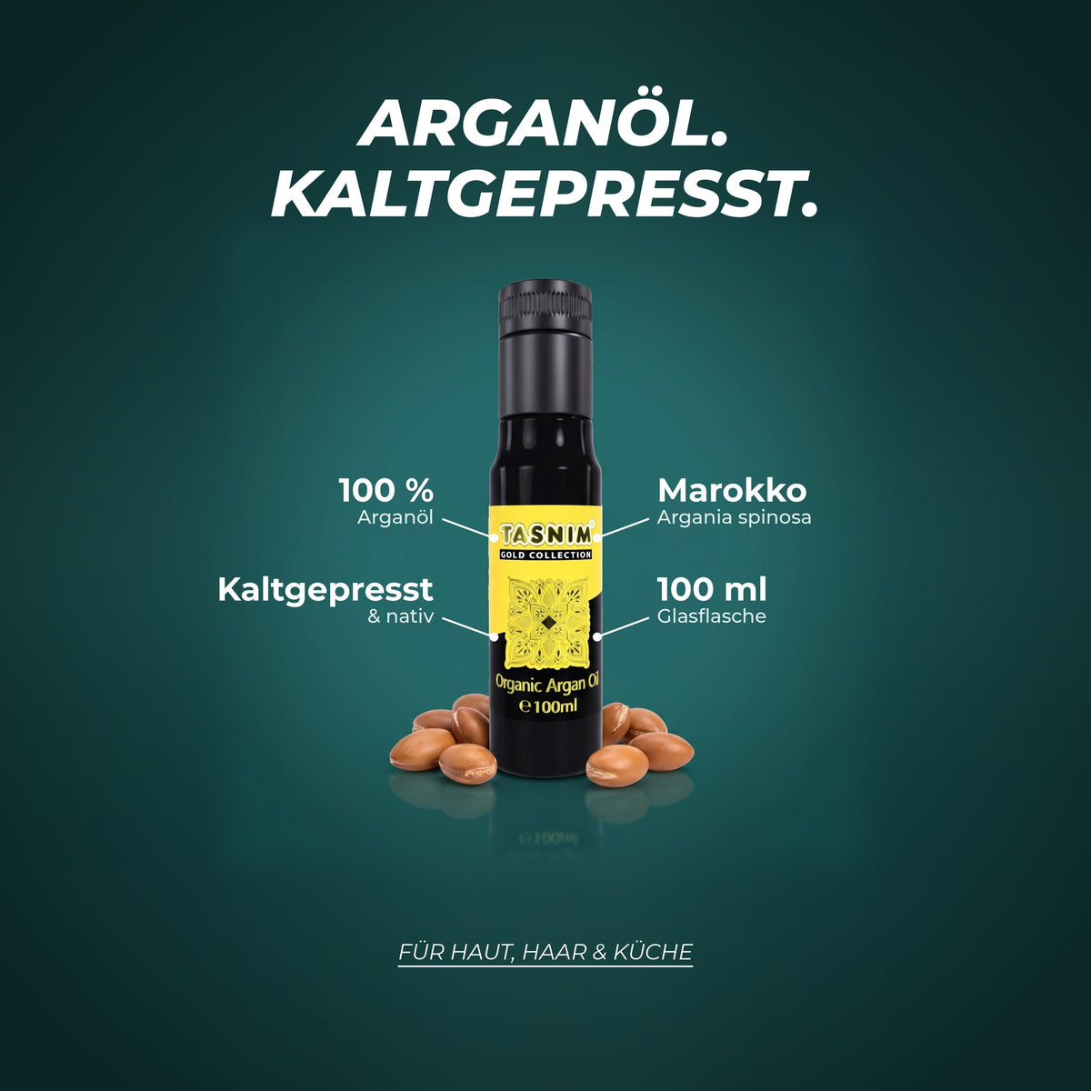 Arganöl, kaltgepresst: 100 % Arganöl aus Marokko (Argania spinosa), kaltgepresst und nativ, 100 ml Glasflasche – für Haut, Haar und Küche