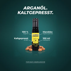 Arganöl, kaltgepresst: 100 % Arganöl aus Marokko (Argania spinosa), kaltgepresst und nativ, 100 ml Glasflasche – für Haut, Haar und Küche