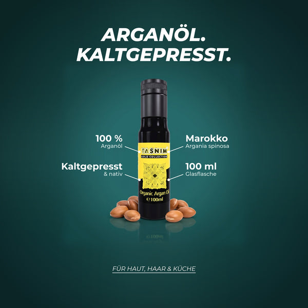 Arganöl, kaltgepresst: 100 % Arganöl aus Marokko (Argania spinosa), kaltgepresst und nativ, 100 ml Glasflasche – für Haut, Haar und Küche