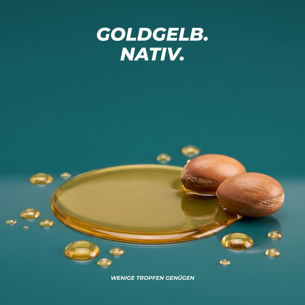 Goldgelbe Arganöl-Pfütze mit kleinen Tropfen und zwei Argankernen auf Petrol – wenige Tropfen genügen