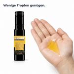 Anwendung von Tasnim Bio Arganöl: goldgelbes Öl in einer geöffneten Handfläche neben der 100-ml-Flasche, Überschrift „Wenige Tropfen genügen“.