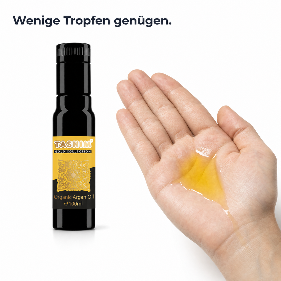 Anwendung von Tasnim Bio Arganöl: goldgelbes Öl in einer geöffneten Handfläche neben der 100-ml-Flasche, Überschrift „Wenige Tropfen genügen“.