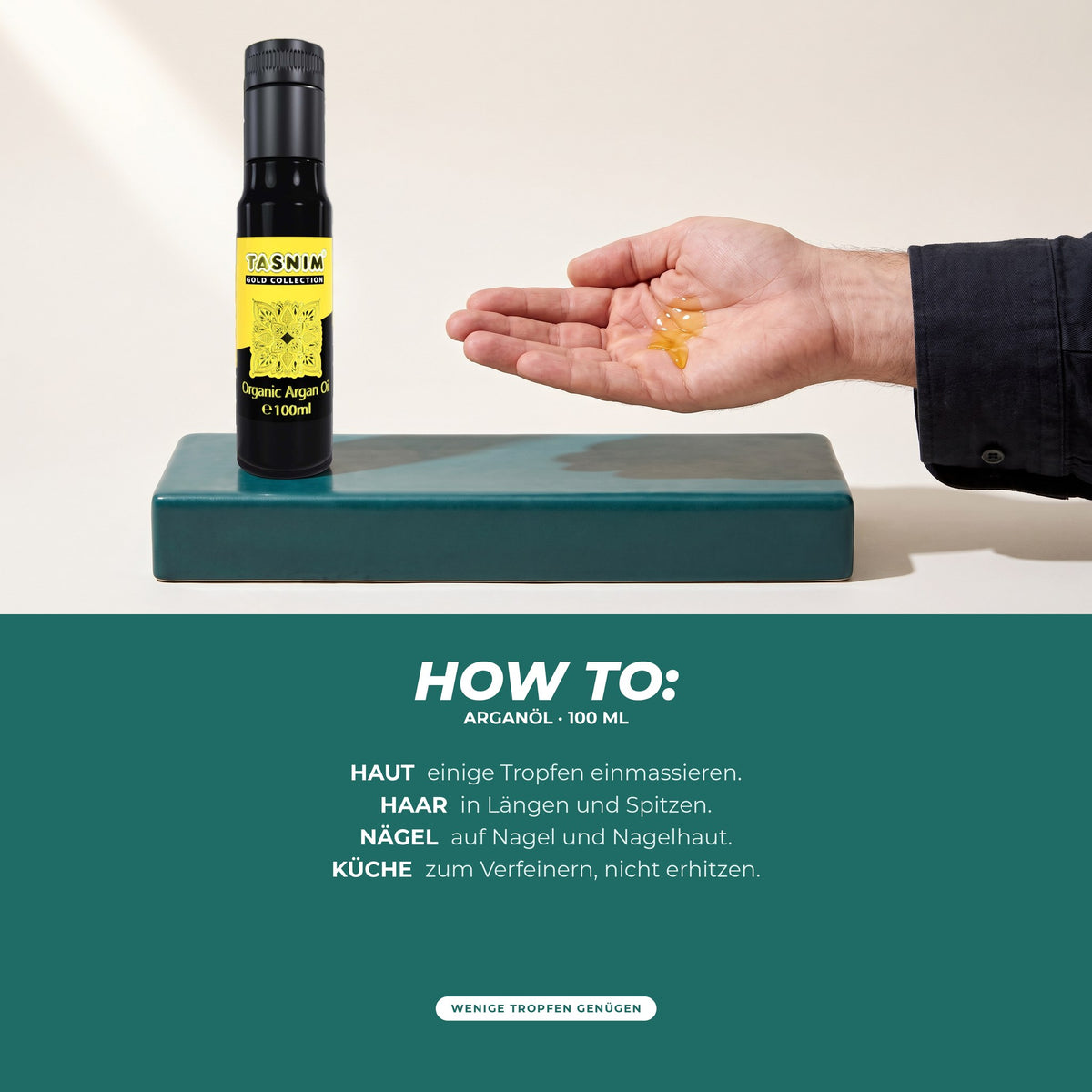 How to: einige Tropfen in die Haut einmassieren, in Längen und Spitzen oder auf Nagel und Nagelhaut geben, in der Küche zum Verfeinern und nicht erhitzen