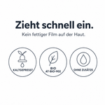 Grafik „Zieht schnell ein – kein fettiger Film auf der Haut“ mit drei Merkmalen: kaltgepresst, Bio AT-BIO-902, ohne Zusätze.