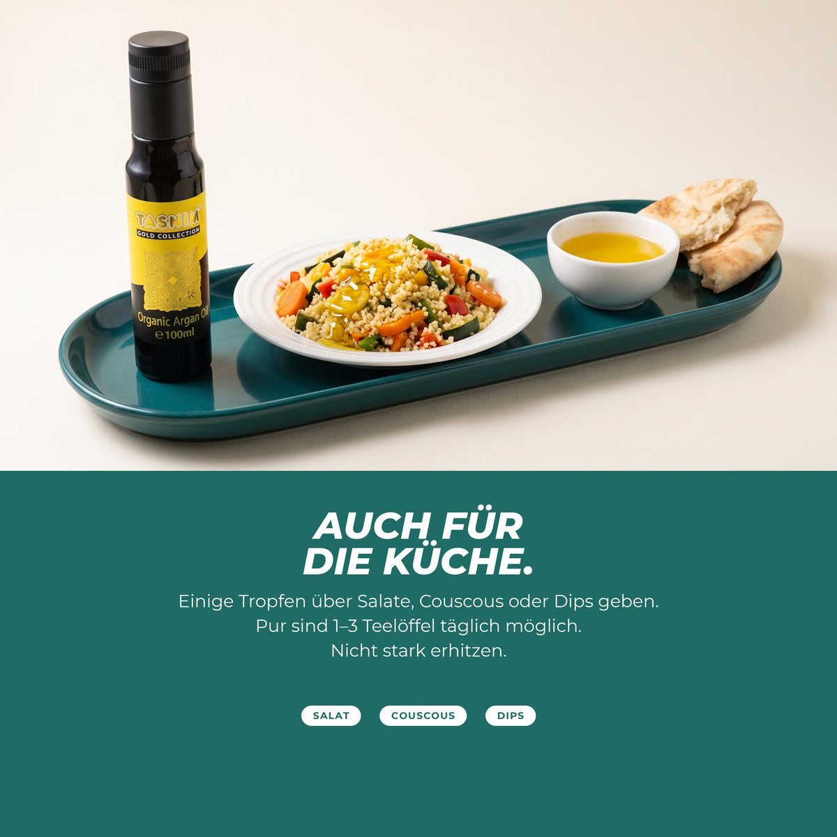 Auch für die Küche: Flasche neben Couscous-Salat, einem Schälchen Arganöl und Fladenbrot – einige Tropfen zum Verfeinern, nicht stark erhitzen
