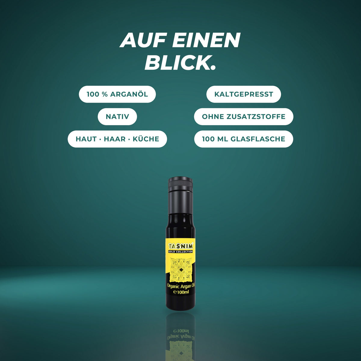 Auf einen Blick: 100 % Arganöl, kaltgepresst, nativ, ohne Zusatzstoffe, für Haut, Haar und Küche, 100 ml Glasflasche