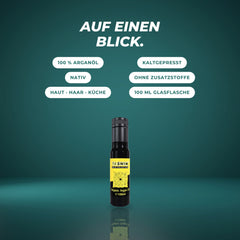 Auf einen Blick: 100 % Arganöl, kaltgepresst, nativ, ohne Zusatzstoffe, für Haut, Haar und Küche, 100 ml Glasflasche