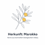 Liniengrafik eines Arganzweigs mit zwei goldenen Früchten, Text „Herkunft: Marokko – Kerne aus kontrolliert biologischem Anbau“.